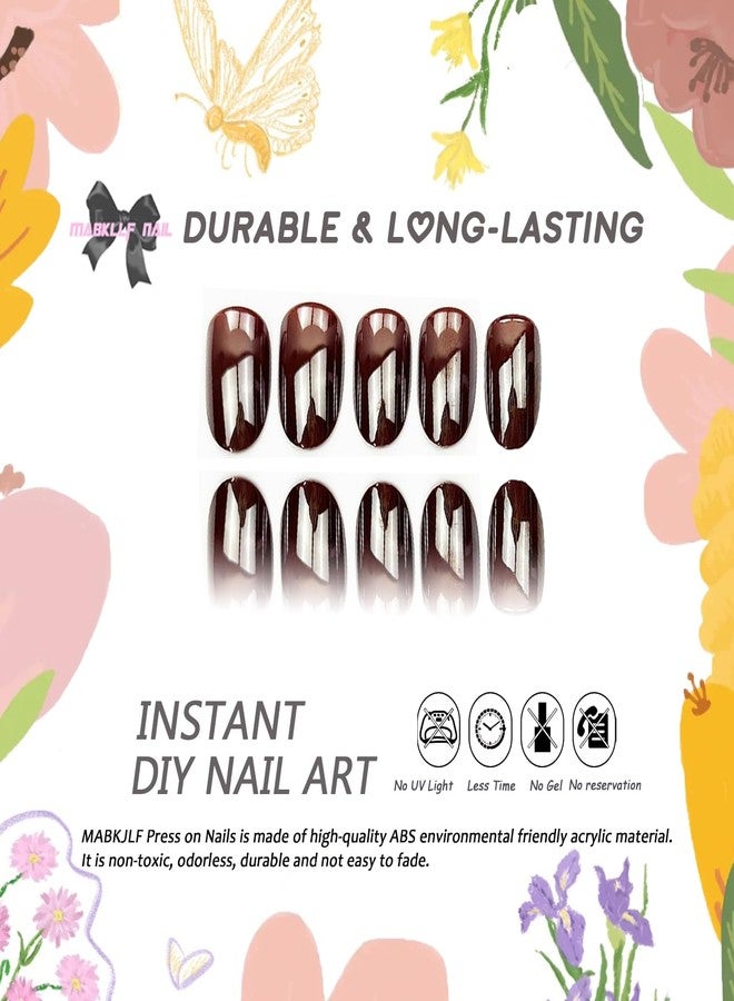 MABKJLF Chrome Press on Nails Short Oval MABKJLF Fake Nails False Nails with Metal Designs Brown Glossy Glue on Nail Full Cover Acrylic Nail for Women Girls 24Pcs - Image 2